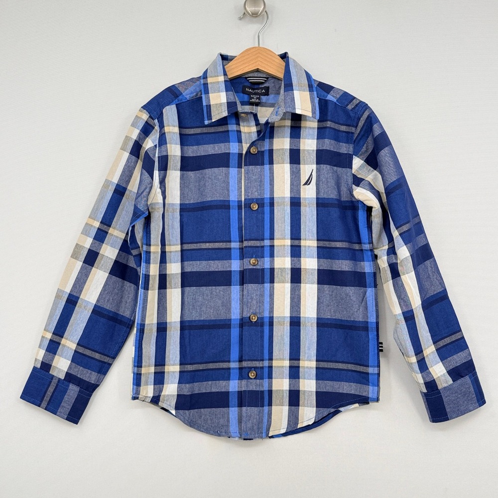 Nautica Button Down Shirt Boys 8 Blue Plaid Preppy Coastal Long Sleeve NEW
